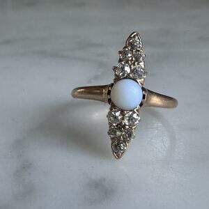 Victorian Old Mine Cut Diamond Opal Navette 14k Gold Ring Size 4.25